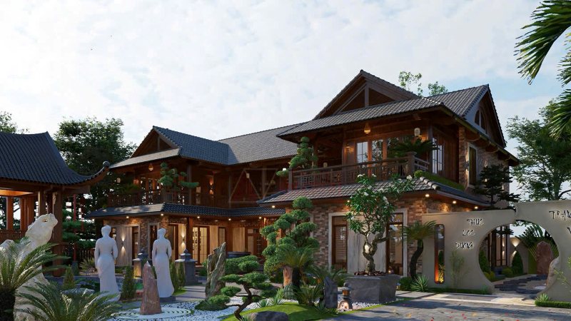 Biệt phủ gỗ kết hợp đá tự nhiên Biệt phủ gỗ kết hợp đá tự nhiên